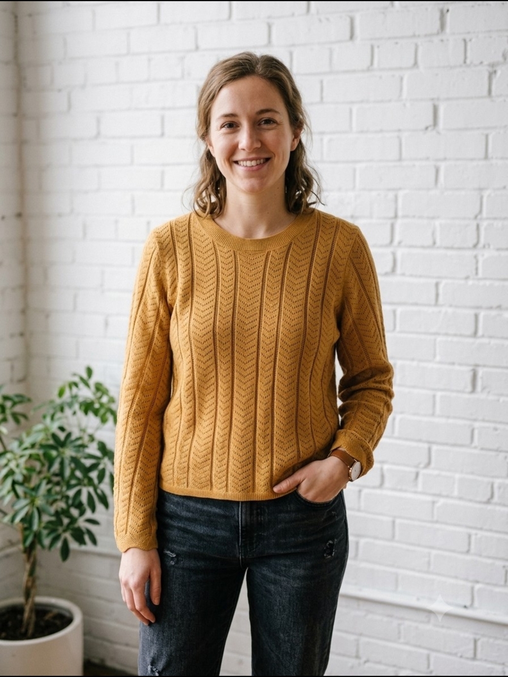Adrianna Papell Women’s Mustard Pointelle Knit Sweater 70s Retro Dark Academia